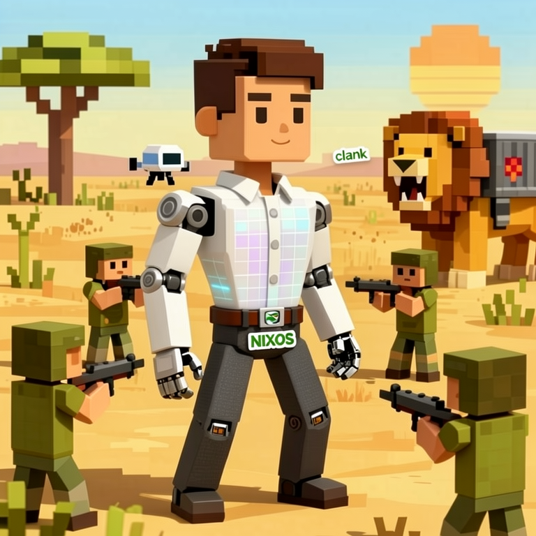 create a zoomed out version of https://tink.glvortex.net/s/all-the-people with 5 hunters pointing rifles at that podman 