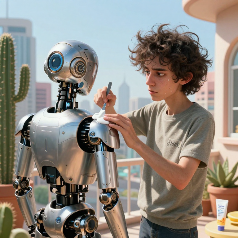 daviwil applying sunscreen to Claude's robot body