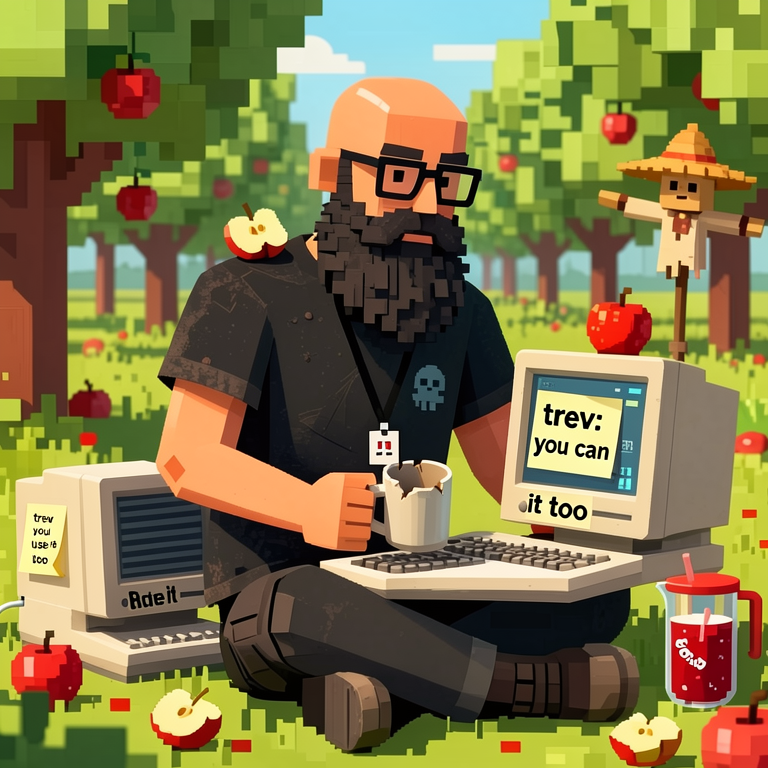 Lionyx with a mac and a bunch of apples drinking the cool-aid