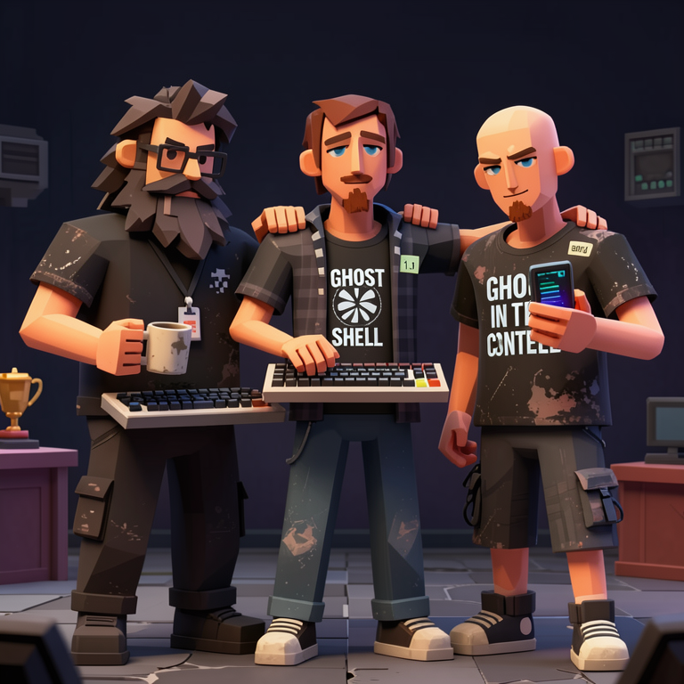 Lionyx daviwil trev went to a bald man contest, only them in the picture, they're all happy, roughly the same body size.