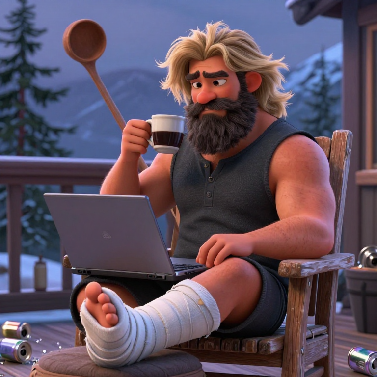 knighthk on a chair in a terrace of a house in northern norway. he has a broken foot propped up on an ottoman and is usi
