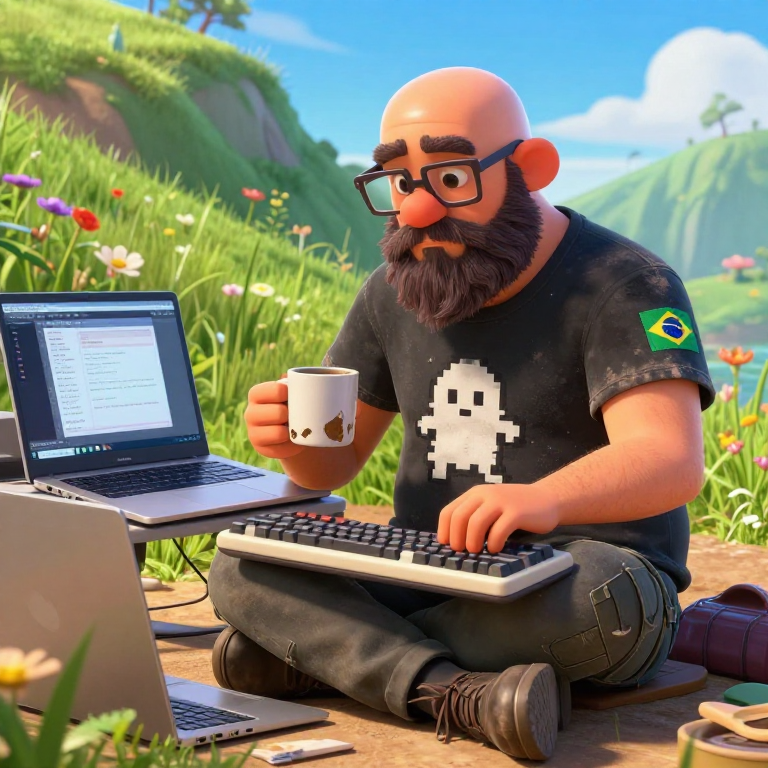 LOOK: anime, Lionyx (bald, healthy dark beard, brazilian flag) at the bottom pit with a macbook running linux and a seco