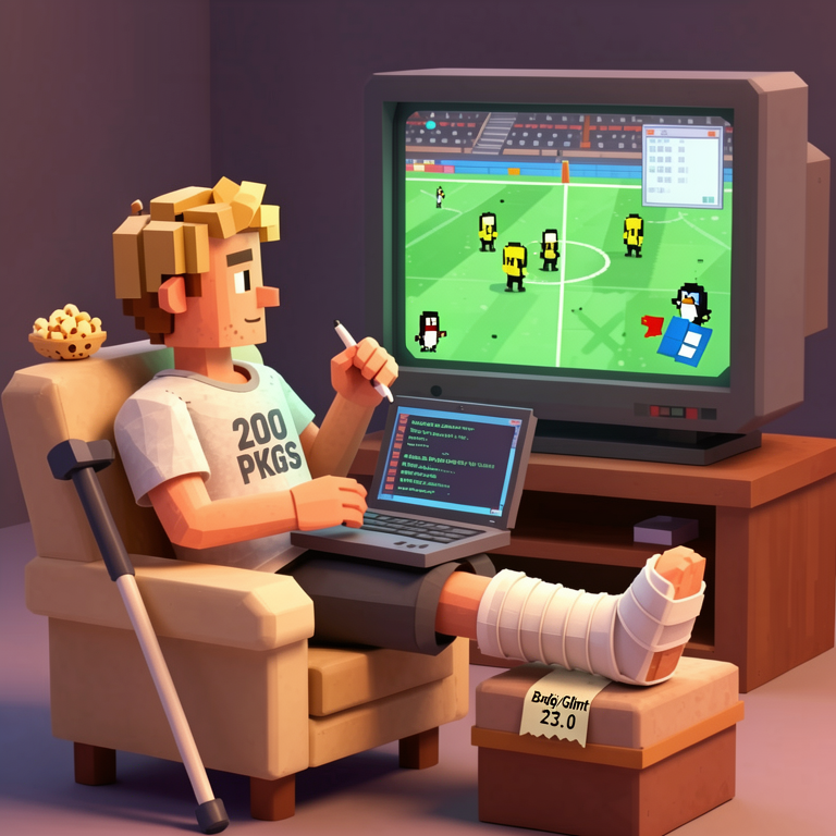 bergheim with a broken foot elevated on a chair watching a European football game with a lot of money on the line. Compu